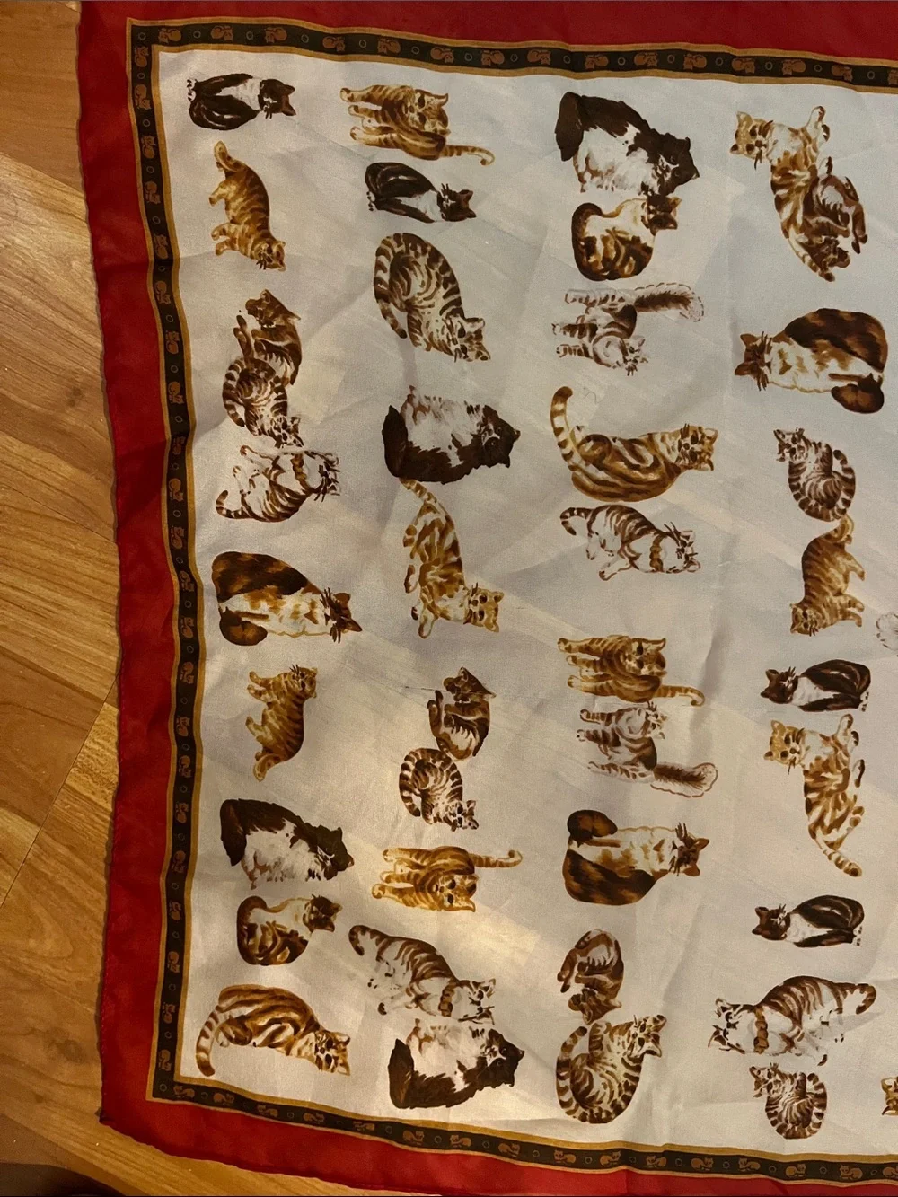 Vintage Cat Print Square Scarf in Cream and Brown with Red Border 70s